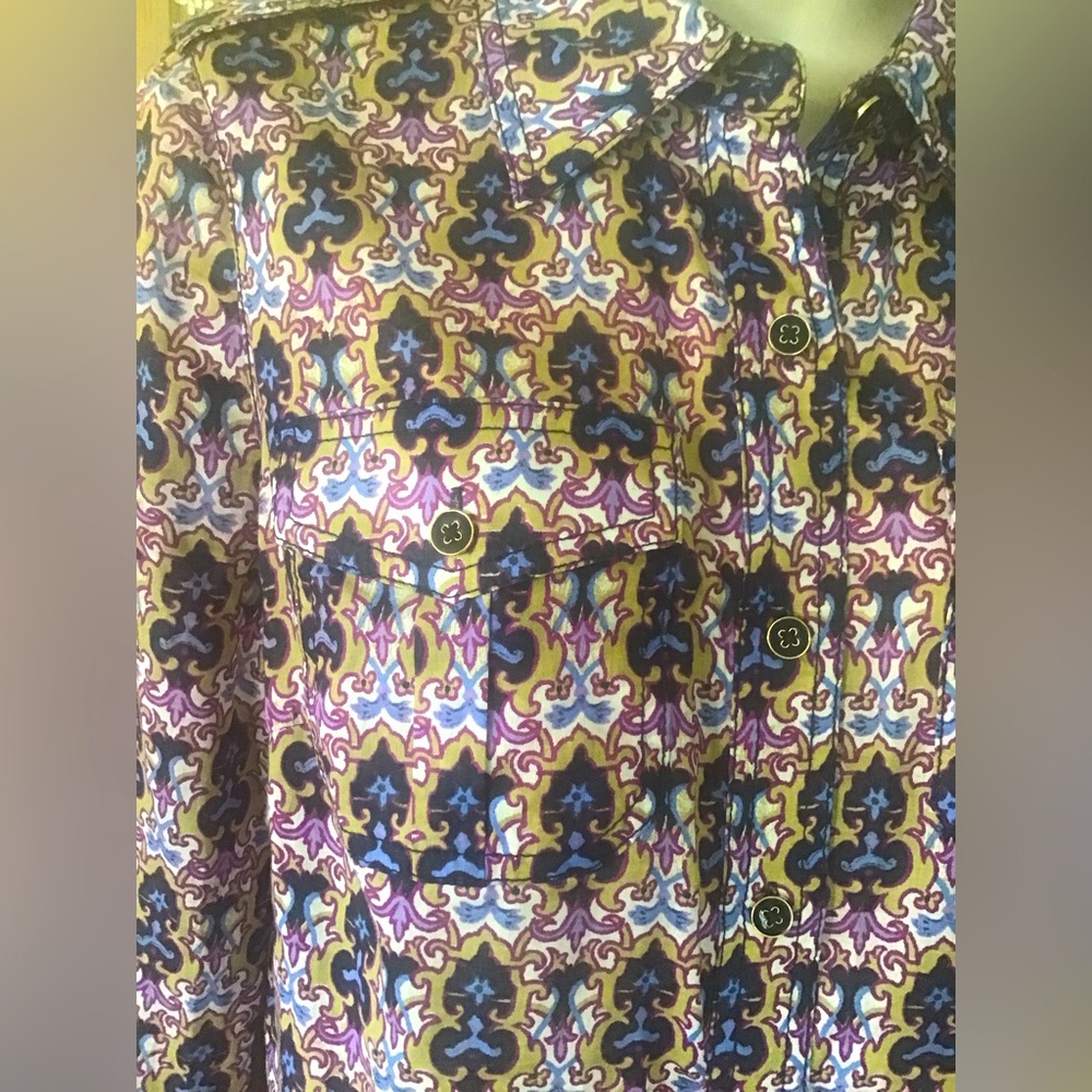 Tory Burch Blouse Top Size 2 Classic Long Sleeve Fabulous Print Purple Green